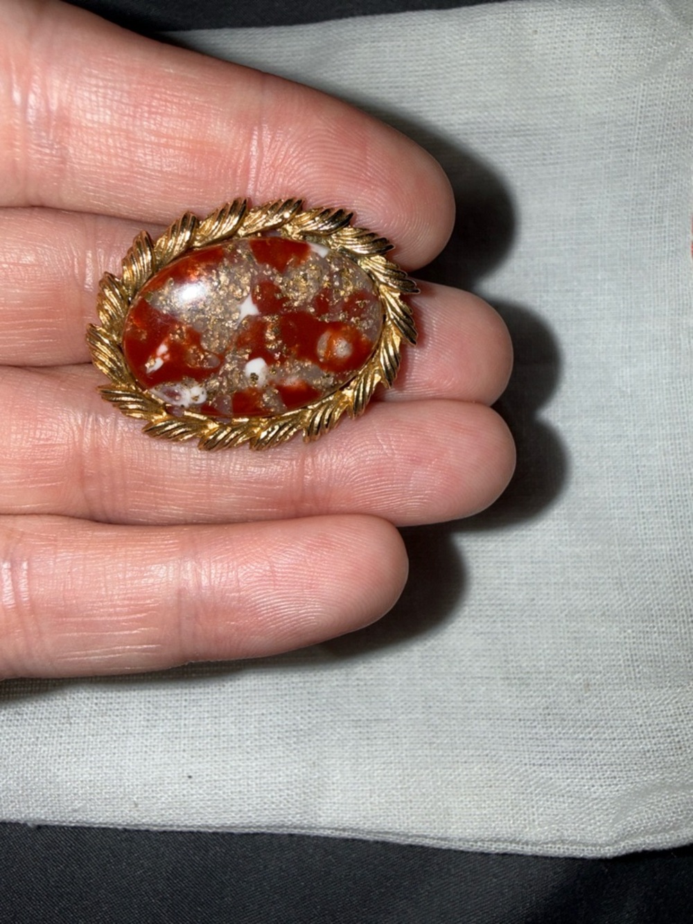Gold-Tone Red Jasper Oval Brooch